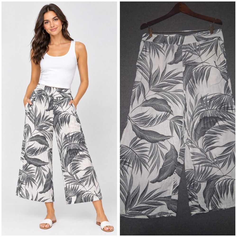 Tahari Women's Pants Size XL 100% Linen Black White Tropical Palm Wide Leg Crop